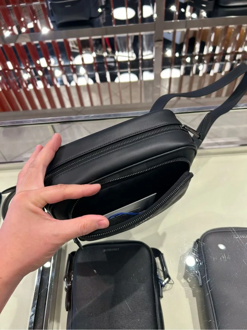 Burberry Black charcoal Check Leather Messenger Bag